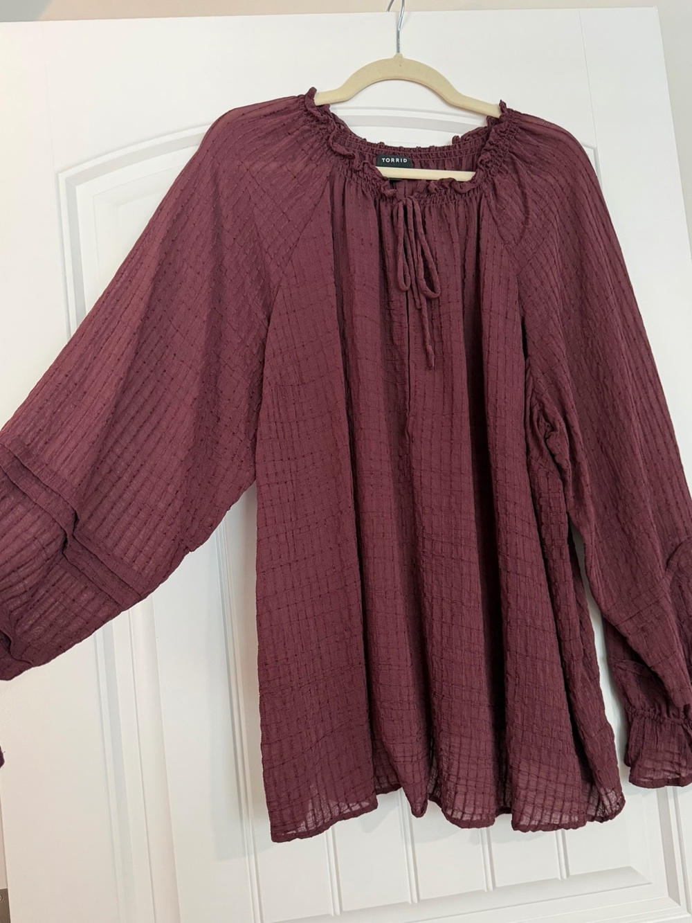 torrid Plum Gauze Peasant Tunic Top with Tie Neck